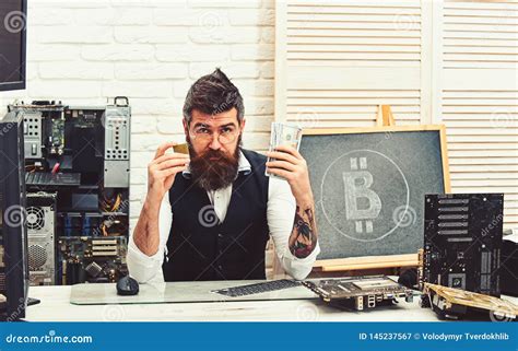 Bitcoin Mining Farm Bearded Businessman With Computer Circuits For