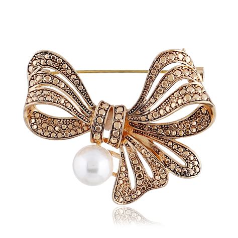 Ancient Gold Pearl Bow Brooches For Women Large Bowknot Brooch Pin