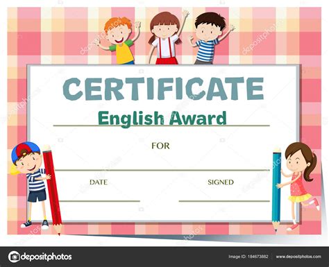 Certificate Template For English Award With Many Kids Stock Vector