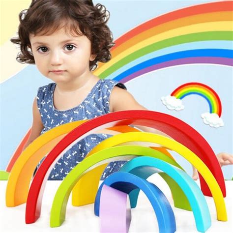 7 Colors Wooden Stacking Rainbow Shape Children Kids Educational Play