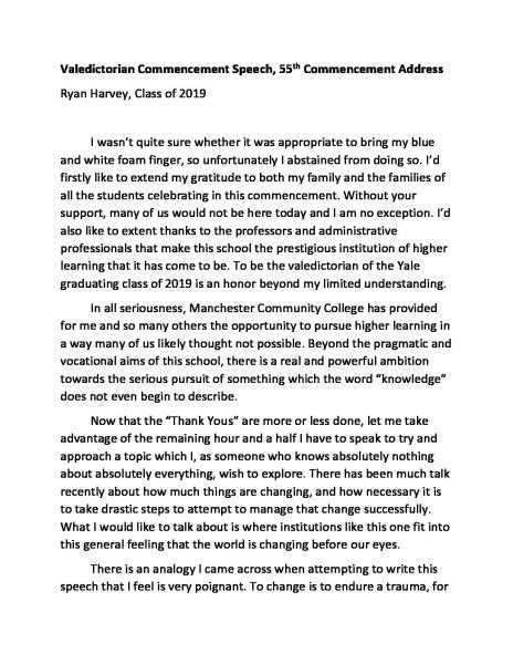 Mcc Valedictorian Speech Ryan Harvey Manchester Community College