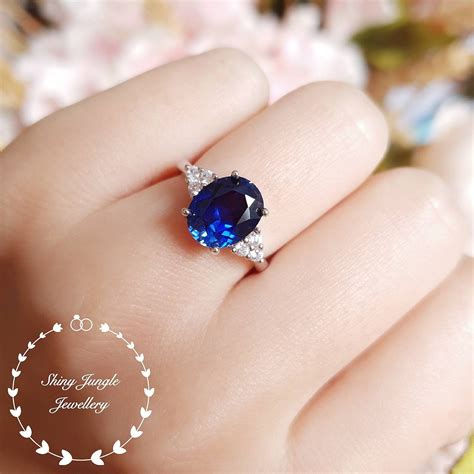 Genuine Lab Grown Royal Blue Oval Sapphire Engagement Ring 3 Carats