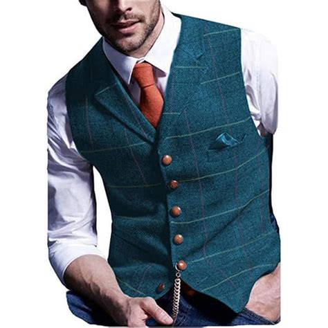 2020 Blue Mens Vest Tweed Waistcoat Notch Lapel Wool Herringbone
