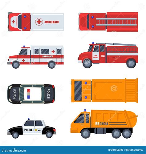 Various Emergency Vehicles Flat Icon Set Stock Vector Illustration Of