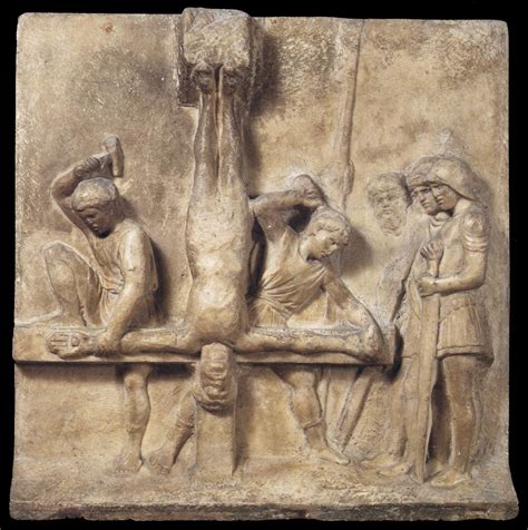 What is significant about the labourers position sand poses? Crucifixion of St Peter by ROBBIA, Luca della