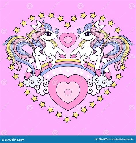 Two Cartoon Unicorns On A Heart Background Vector Illustration
