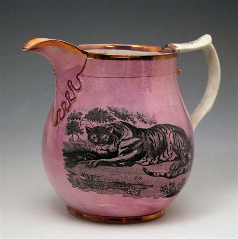 Antique English Pottery Pink Luster Pitcher With Image Of Tiger Early