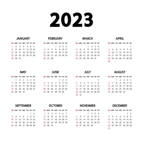 Calendario 2023 Anno La Settimana Inizia Domenica Modello Di Calendario Annuale Inglese 2023