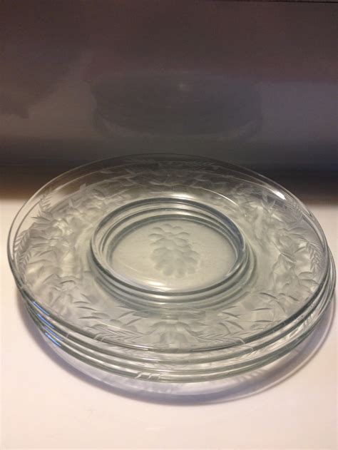 Wheel Etched Clear Glass Luncheon Plates Floral Wheat Leaf Etsy