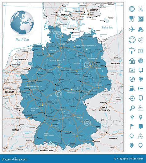Highly Detailed Road Map Of Germany With Rivers And Navigation Stock
