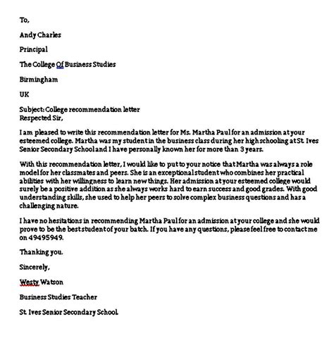 Sample College Recommendation Letter Collection Letter Template