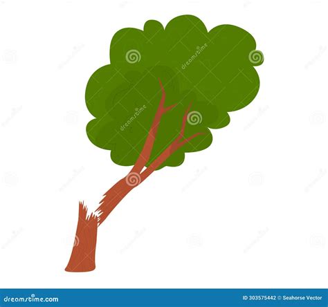 Cartoon Broken Tree With Large Green Foliage Environmental Damage And