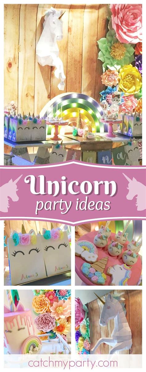 take a look at this amazing unicorn and rainbows birthday party the backdrop is stunning see