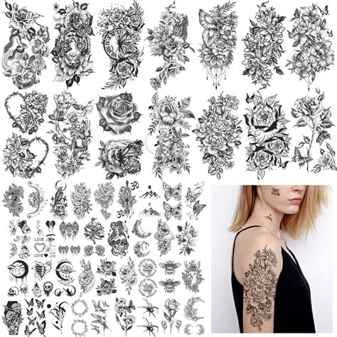 SOOVSY Sheets Large Flower Temporary Tattoo Butterfly Bee Crescent Moon Half Arm Tattoos For