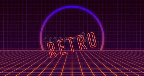 Image Of Moving Retro Text In Neon Letters Over Neon Circle And Grid