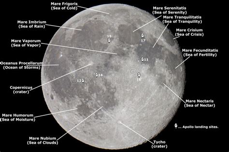 Labeled areas of the back. Map of the Moon stock image. Image of nasa, black ...
