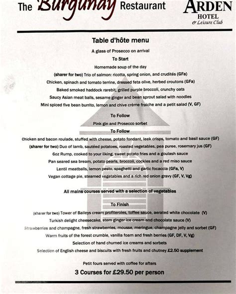 Menu At Arden Hotel And Leisure Club Solihull