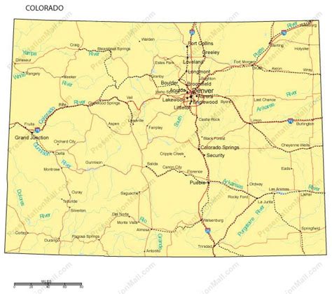 Colorado Map Major Cities Roads Railroads Waterways Digital