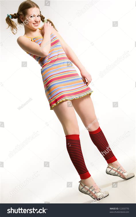 Sexy Model Pigtails Dressed Rainbowcolored Short Stock Photo