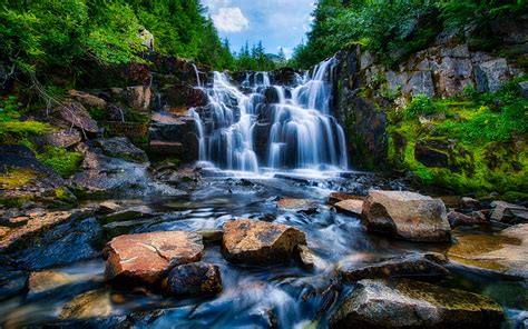 Mount Rainier National Park Washington Usa Landscape Waterfall Rocks