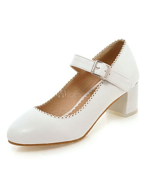 White Mary Jane Shoes Women S Round Toe Chunky Heel Shoes Milanoo Com