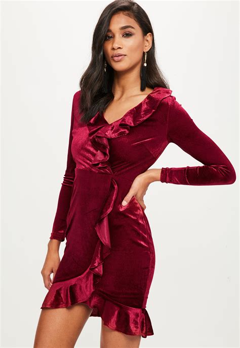 Red Satin Ruffle Wrap Dress Missguided