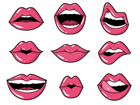 lips patches pop art kiss smiling woman mouth with red lipstick and tongue retro comic 80s