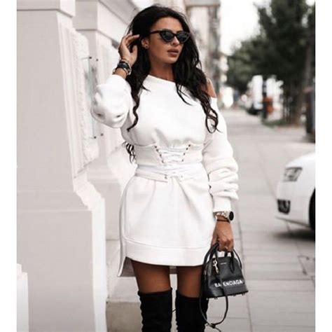 Sexy Slim High Waist Lace Up Mini Dress Winter Fall White Black O Neck Long Sleeve Dresses In