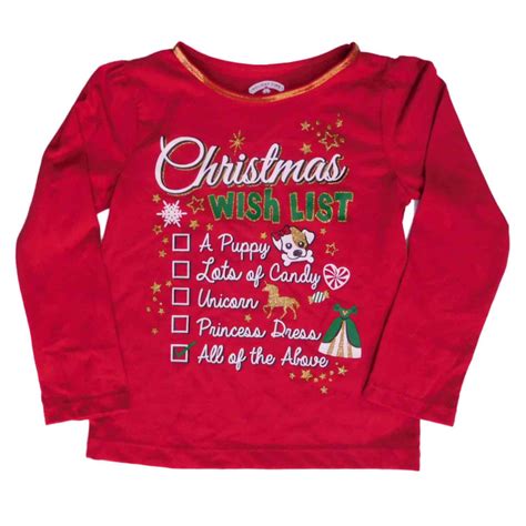 Holiday Time Infant Toddler Girls Red Christmas Wish List T Shirt Tee