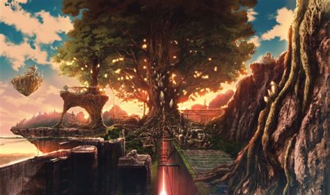 Wallpaper Giant Tree Anime Fantasy World Floating Islands Clouds