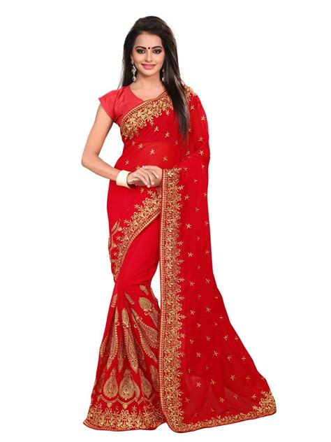 Red Embroidered Georgette Saree With Blouse Tadla 3348663