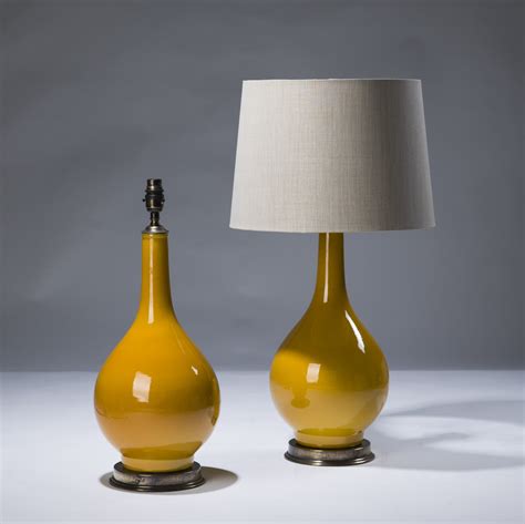 Pair Of Small Yellow Ceramic Lamps On Distressed Brass Bases T3089