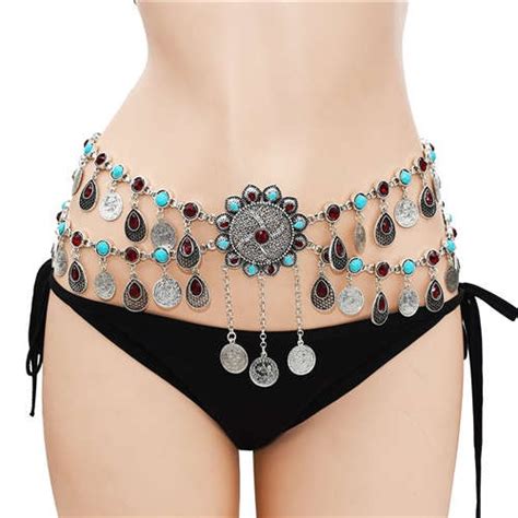 turquoise embellished bohemian coins tassel floral belly chain retro ethnic fashion wholesale