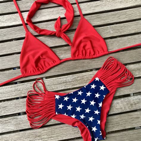 Red Hot American Flag Scrunch Strappy Bikini Set Etsy