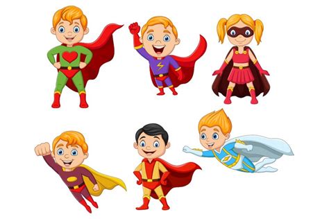 Set Of Six Cute Cartoon Superhero Kids Characters