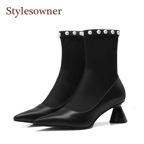 stylesowner 2018 new style black lady elegant boots strange heel ankle pearls pointed toe sexy