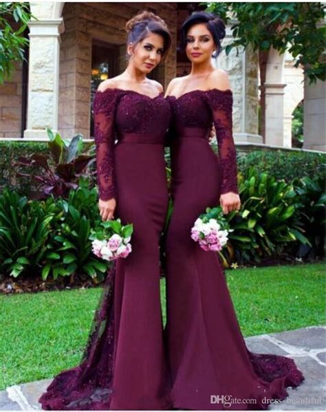 2016 burgundy long sleeve mermaid bridesmaid dress lace appliques off shoulder maid of honor