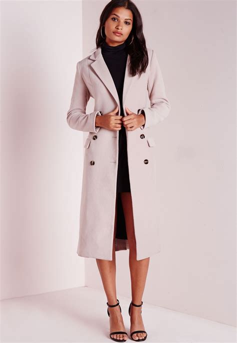 Missguided Double Breasted Tailored Long Wool Coat Mauve Long Wool