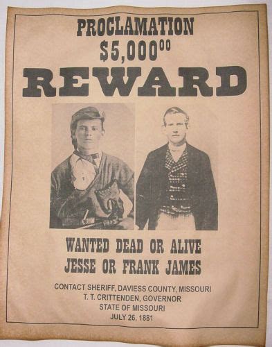 Jesse And Frank James Wanted Poster Western Outlaw Old