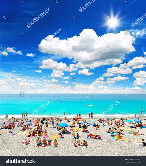 Tourists Sunbeds Umbrellas On Summer Hot Stock Photo 110604011