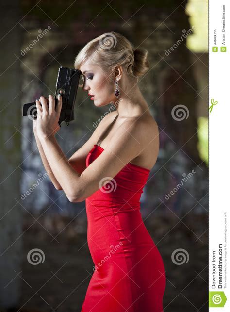 Gun Woman In Red Dress Stock Photo Image Of Vintage 33604186