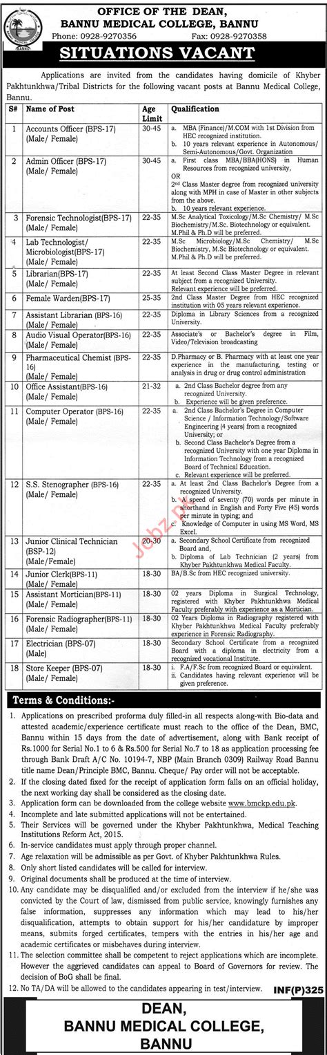 Bannu Medical College Bannu KPK Jobs 2019 2023 Job Advertisement Pakistan