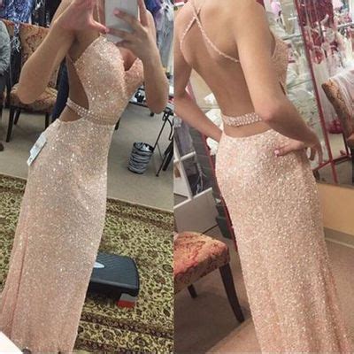 Long Newest Sleeveless Spaghetti Strap Bodycon Sequined Prom Dress