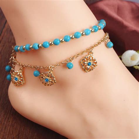 Summer Silver Gold Metal Chain Blue Bead Anklet Foot Flower Vintage Indian Jewelry Leg