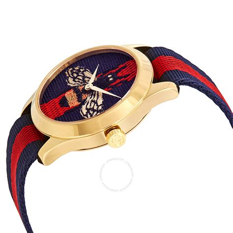Gucci G Timeless Blue And Red Dial Wth An Embroidered Bee Ladies Watch