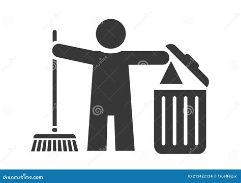 Trash Clean Up Concept Cleaner With Dustbin And Broom Vector