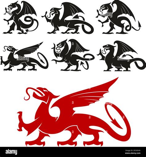 Conjunto De Emblema Heráldico Griffin Y Elementos Míticos De Silueta De