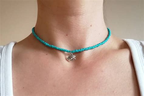 Turquoise Choker Necklace With Eye Charm Tiny Bead Choker Etsy