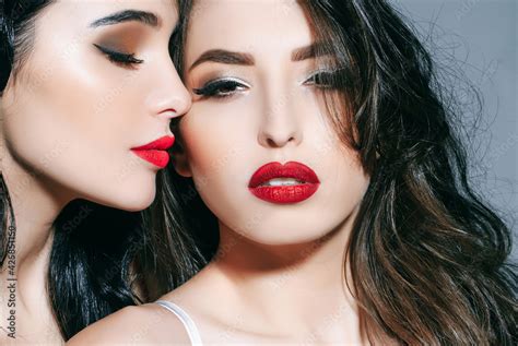 Sexy Sensual Women With Red Lips Lesbian Couple Kiss Lips Sensual