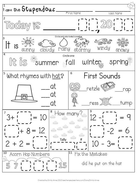 First Grade Morning Work Worksheet